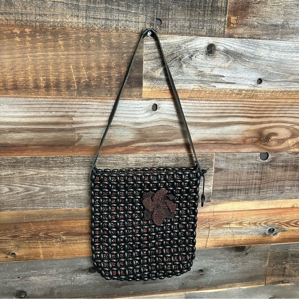 The Sak Vintage Wooden Beaded Shoulder Bag Purse Boho Woven Flower Embellished